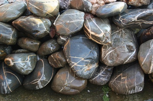 Kamenclub.ru: Валунчик Паутинник фр.100-300 мм  купить в Сургуте крупный природный камень галечник темно-серый с прожилками белый черный речной валунчик 5000 руб/т   фото КАМЕНЬ КЛУБ