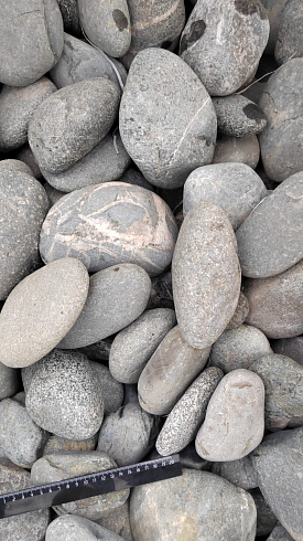 Kamenclub.ru: Галька речная окат (темно-серая) фр. 70-150 мм. купить  в Сургуте галька речная темно-серая, синяя, серая речная галька округлая  8000 руб/т   фото КАМЕНЬ КЛУБ